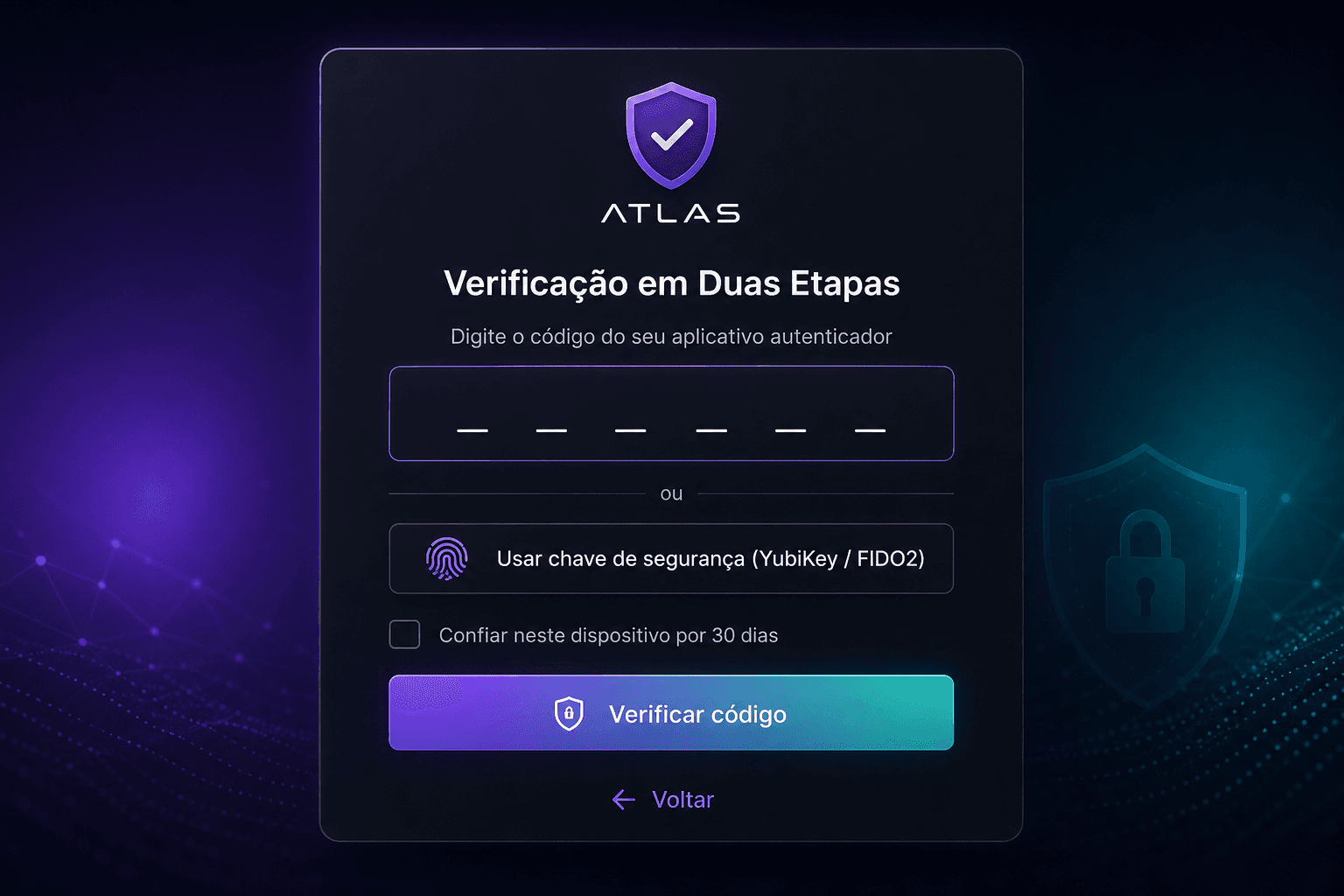Atlas, tela de 2FA com TOTP e FIDO2
