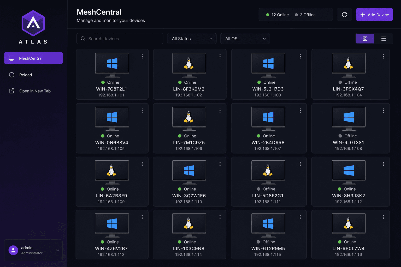 Atlas, painel central com todos os dispositivos online/offline